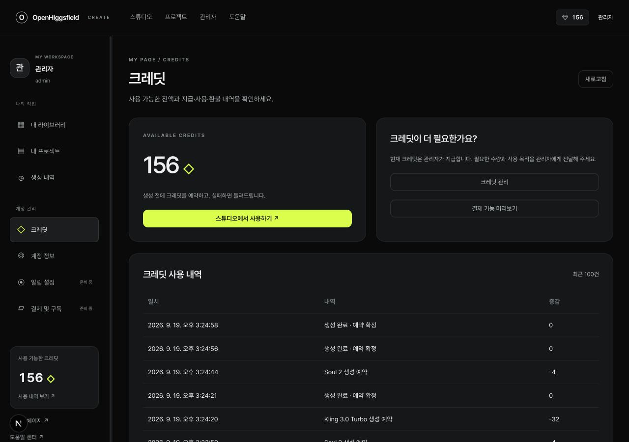 사용 가능한 크레딧 잔액과 지급·사용 내역 화면